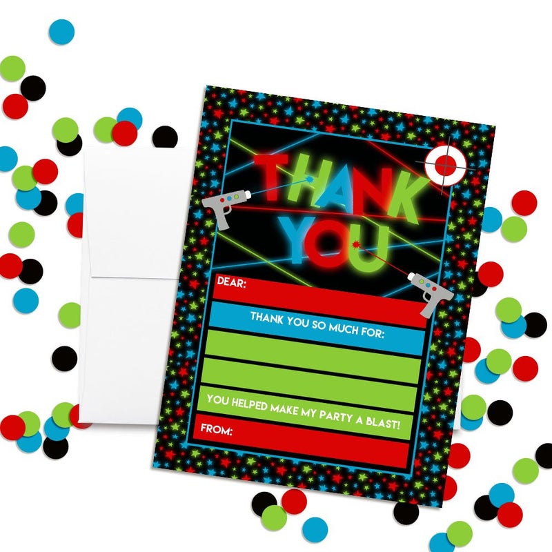 Amanda Creation Laser Tag Theme 10 Birthday Thank You Notes 4"x5.5" Fill-In Cards with Envelopes, Boys Party Stationery Set, Fun Neon Glow Laser Beam Design for Kids Gifts, Made in USA by Amanda Creation - Image 2